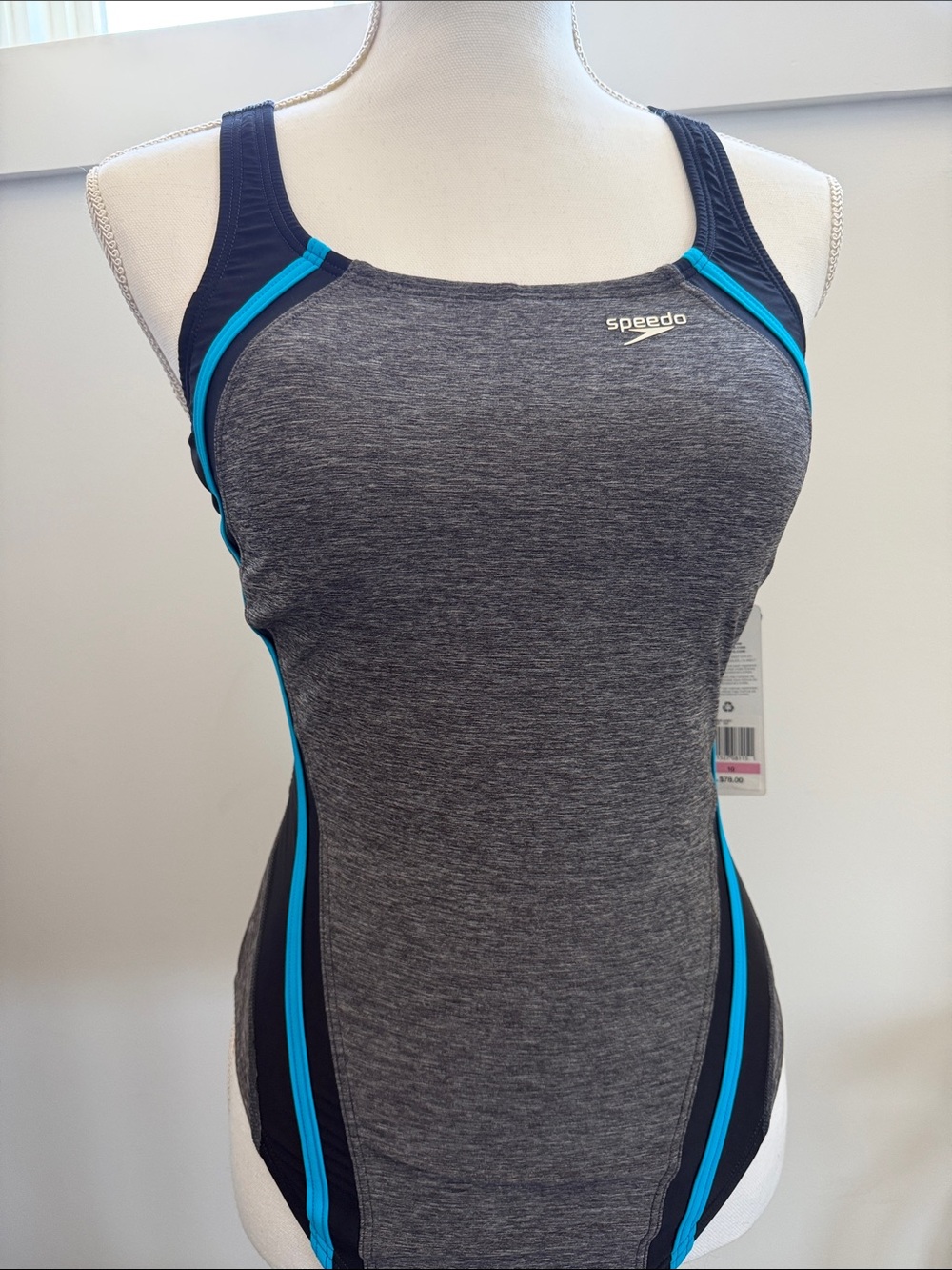 Speedo Grey Heather One-Piece with Navy and Bright Blue Trim